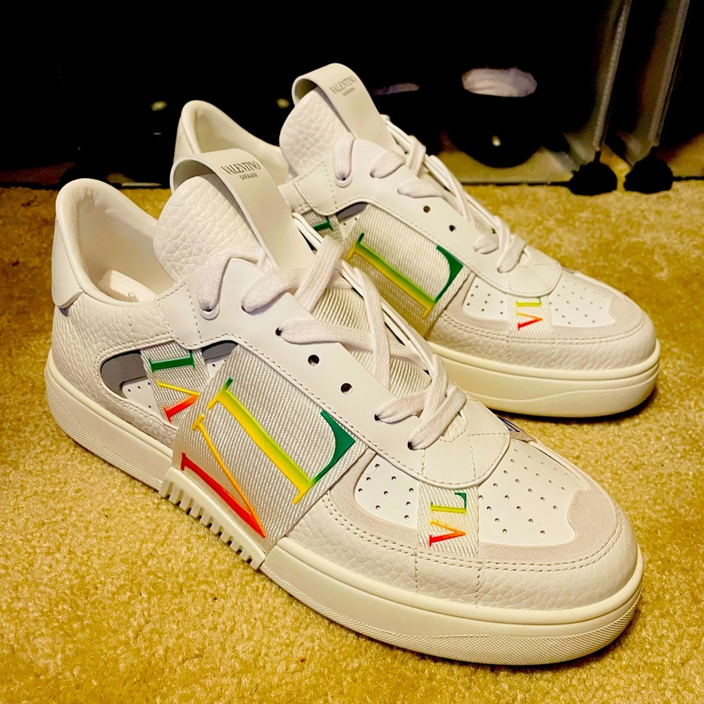 Valentino VL7N Calfskin Sneakers White with Rainbow Bands